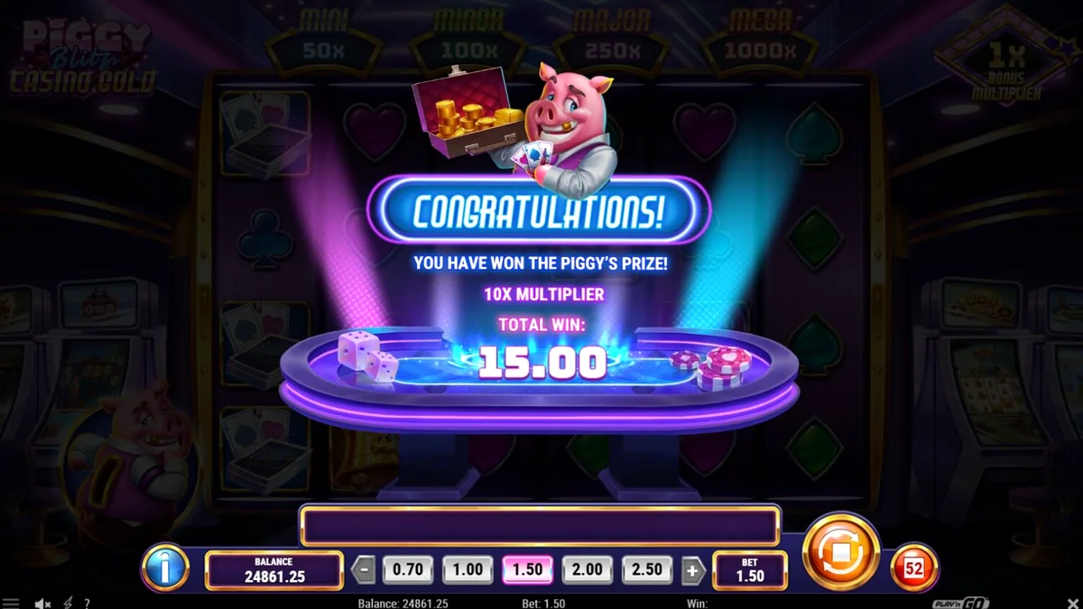 Ang makulay at marangyang visual na disenyo ng Piggy Blitz Casino Gold na may mga neon lights at gintong simbolo.