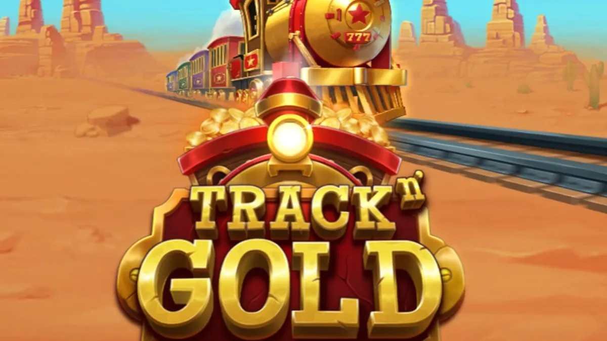 Isang tren sa lumang kanluran na naglalakbay sa riles para sa Track'n Gold slot